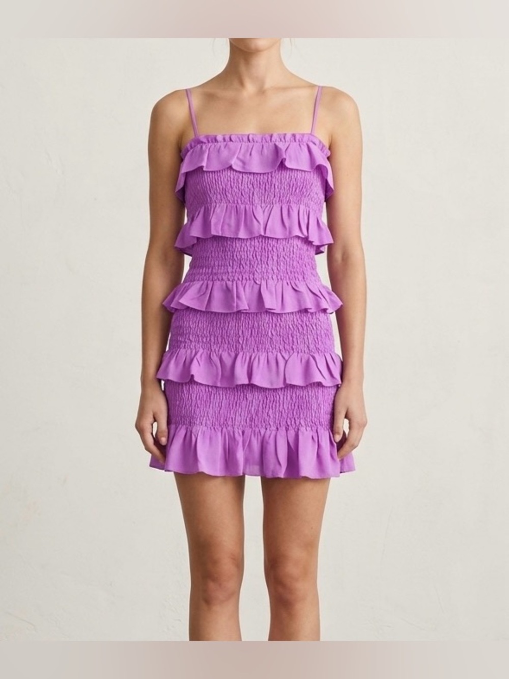 Olivaceous NWT Purple Smocked Ruffle Mini Dress Tiered Sundress SizeM Barbiecore